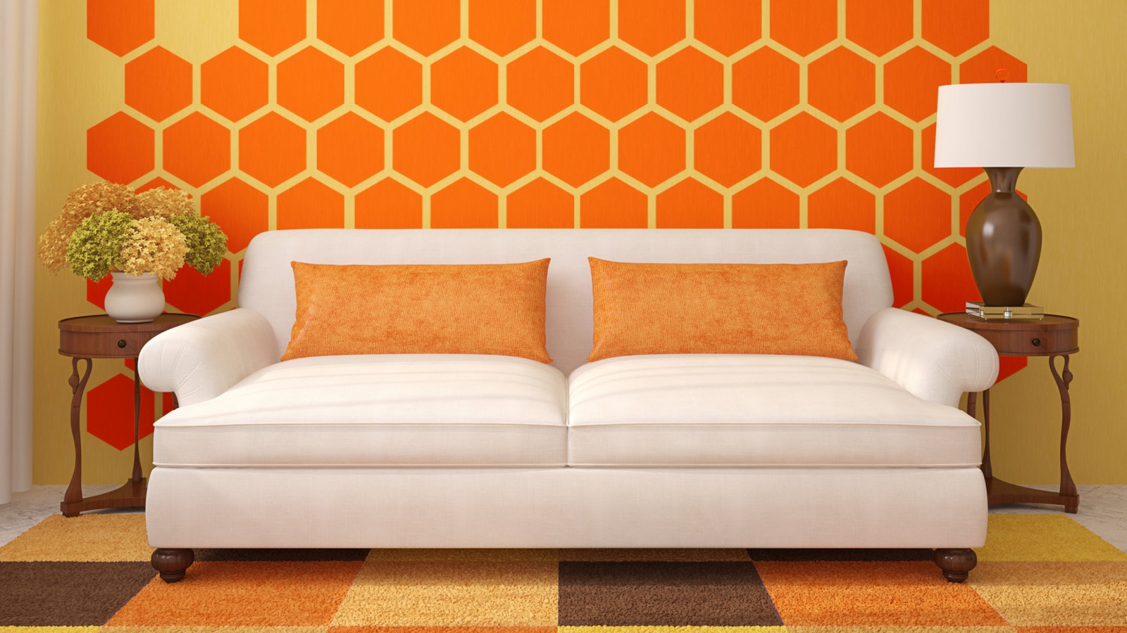 photo of a white sofa on an orange background